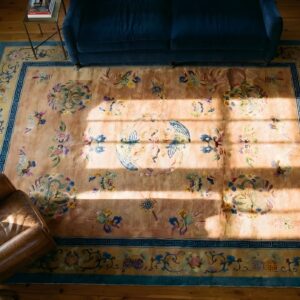 Antique Chinese Bronze Art Deco Room Size Wool Rug (SKU 24647) - styled overhead view