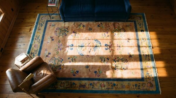 Antique chinese bronze art deco room size wool rug 2 Antique chinese bronze art deco room size wool rug (sku 24647) - styled overhead view