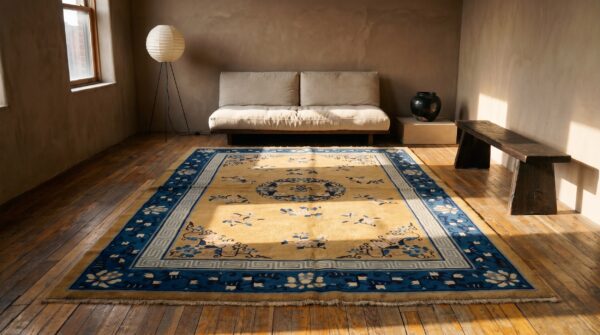 Antique chinese classic floral medallion peking wool pile yellow rug (sku 23196) - room view