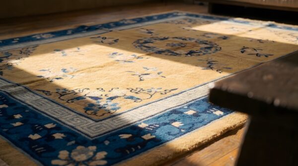Antique chinese classic floral medallion peking wool pile yellow rug (sku 23196) - in-room detail