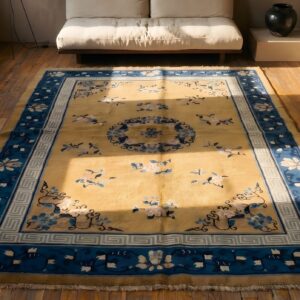 Antique Chinese Classic Floral Medallion Peking Wool Pile Yellow Rug (SKU 23196) - styled overhead view