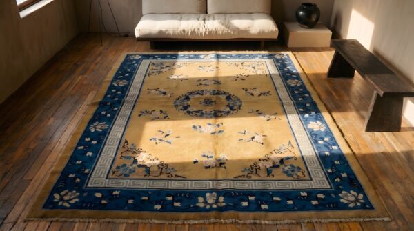 Antique chinese classic floral medallion peking wool pile yellow rug (sku 23196) - styled overhead view