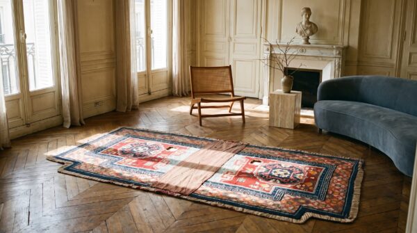 Antique chinese wool coral hand knotted pile rug 8 Antique chinese wool coral hand knotted pile rug (sku 22733) - room view