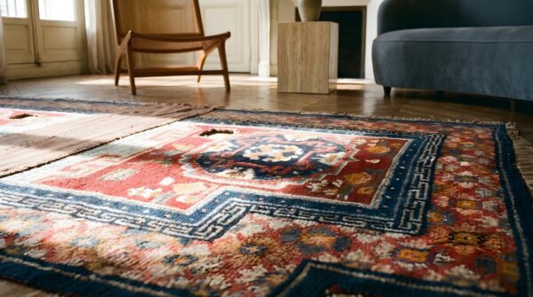 Antique chinese wool coral hand knotted pile rug 9 Antique chinese wool coral hand knotted pile rug (sku 22733) - in-room detail