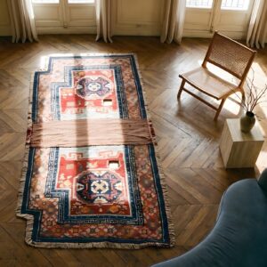 Antique Chinese Wool Coral Hand Knotted Pile Rug (SKU 22733) - styled overhead view