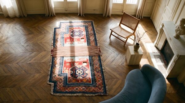 Antique chinese wool coral hand knotted pile rug 2 Antique chinese wool coral hand knotted pile rug (sku 22733) - styled overhead view