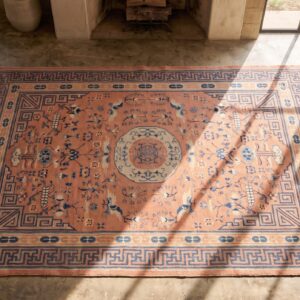 Antique Chinese Coral Kansu Chinese Knotted Rug (SKU 21023) - styled overhead view