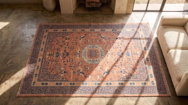 Antique chinese coral kansu chinese knotted rug (sku 21023) - styled overhead view