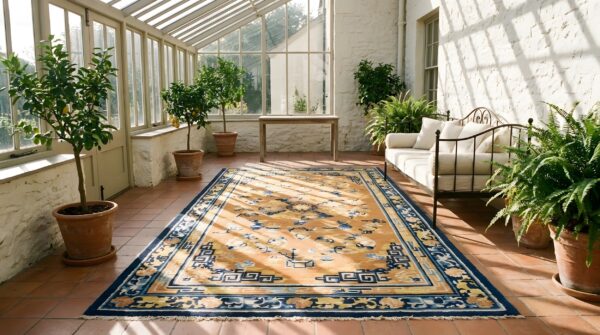 Antique chinese coral ningxia allover medallion knotted rug (sku 25191) - room view