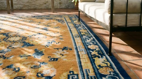 Antique chinese coral ningxia allover medallion knotted rug (sku 25191) - in-room detail