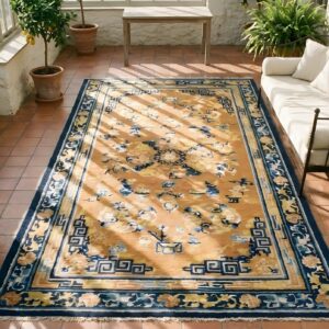 Antique Chinese Coral Ningxia Allover Medallion Knotted Rug (SKU 25191) - styled overhead view