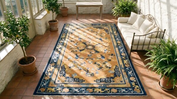 Antique chinese coral ningxia allover medallion knotted rug (sku 25191) - styled overhead view