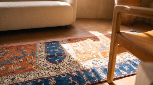 Antique chinese coral textile small scatter size wool rug 10 Antique chinese coral textile small scatter size wool rug (sku 25294) - in-room detail