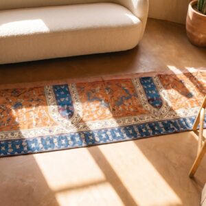 Antique Chinese Coral Textile Small Scatter Size Wool Rug (SKU 25294) - styled overhead view