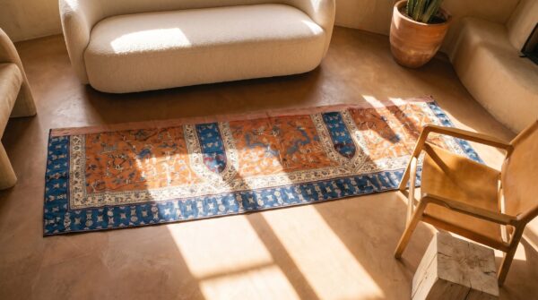 Antique chinese coral textile small scatter size wool rug 2 Antique chinese coral textile small scatter size wool rug (sku 25294) - styled overhead view