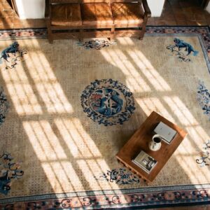 Antique Chinese Rug, Hand-Knotted Wool, Chinese Decorative Tradition (SKU 21722) - styled overhead view