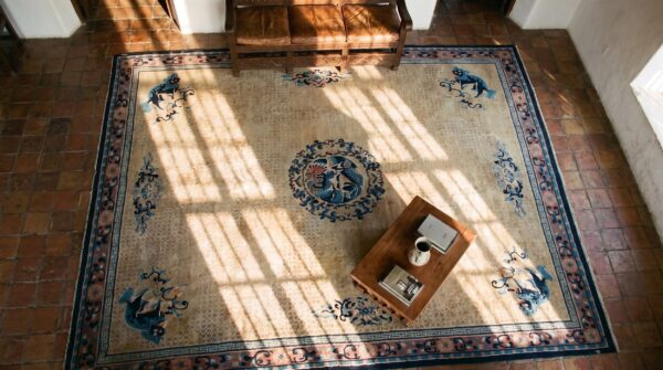 Antique chinese rug, hand-knotted wool, chinese decorative tradition 2 Antique chinese rug, hand-knotted wool, chinese decorative tradition (sku 21722) - styled overhead view