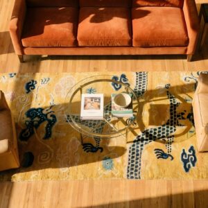 Antique Chinese Dragon and Cloud Band Design Yellow Hallway Runner Rug (SKU 23878) - styled overhead view