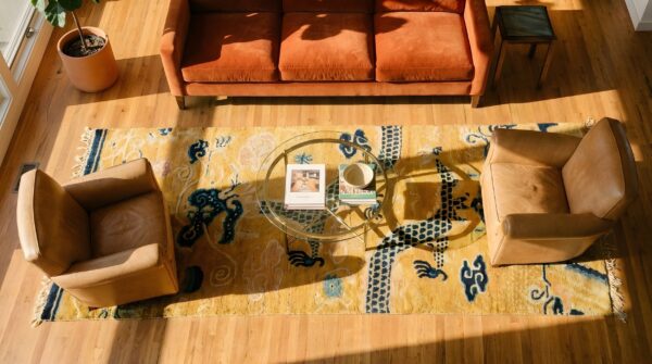 Antique chinese dragon and cloud band design yellow hallway runner rug 2 Antique chinese dragon and cloud band design yellow hallway runner rug (sku 23878) - styled overhead view