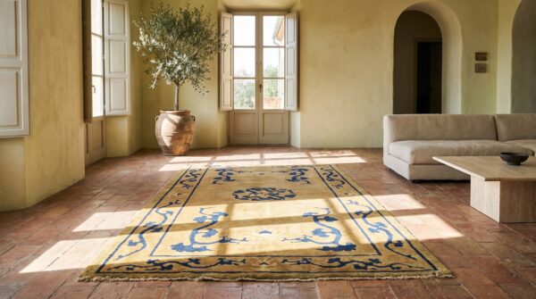 Antique chinese dragon design yellow hand knotted wool pile peking rug 5 Antique chinese dragon design yellow hand knotted wool pile peking rug (sku 22190) - room view
