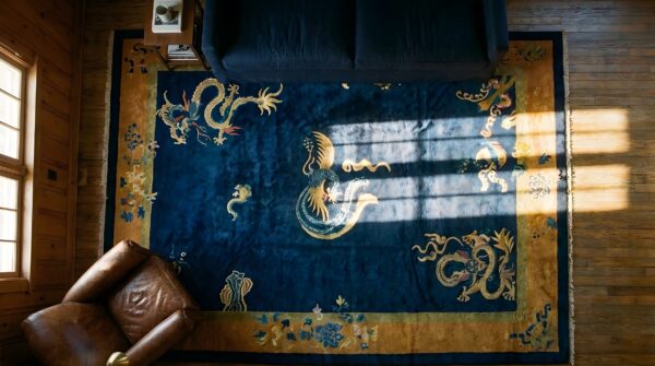 Antique chinese dragons and bird of paradise pattern peking rug (sku 24921) - styled overhead view
