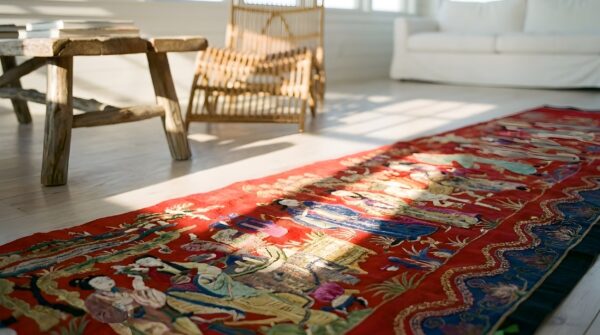 Antique chinese flat weave red hallway runner rug 8 Antique chinese flat weave red hallway runner rug (sku 23840) - in-room detail