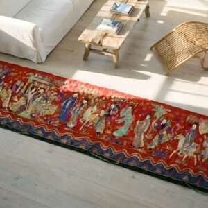 Antique Chinese Flat Weave Red Hallway Runner Rug (SKU 23840) - styled overhead view