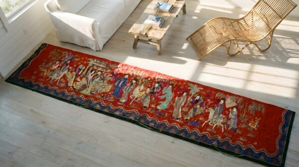Antique chinese flat weave red hallway runner rug 2 Antique chinese flat weave red hallway runner rug (sku 23840) - styled overhead view