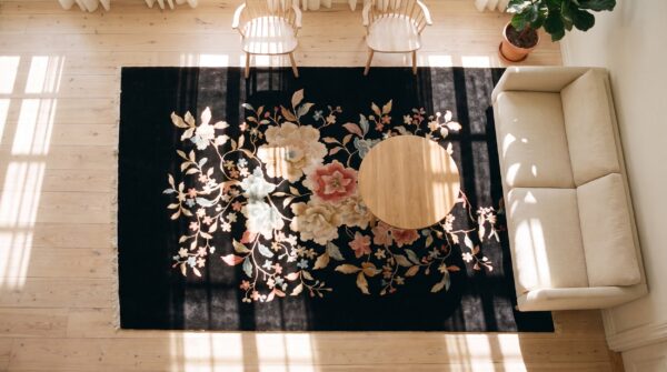 Antique chinese floral knotted rug 2 Antique chinese floral knotted rug (sku 25094) - styled overhead view