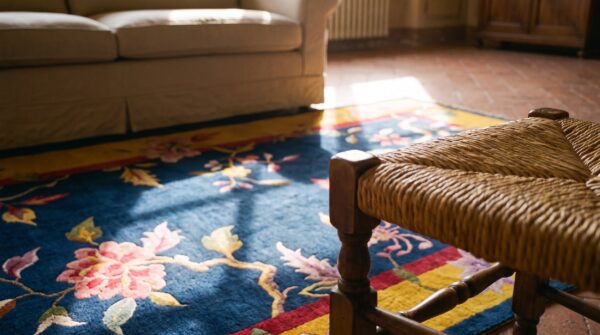 Antique chinese floral blue 1920s rug 10 Antique chinese floral blue 1920s rug (sku 25097) - in-room detail