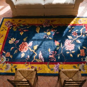 Antique Chinese Floral Blue 1920s Rug (SKU 25097) - styled overhead view