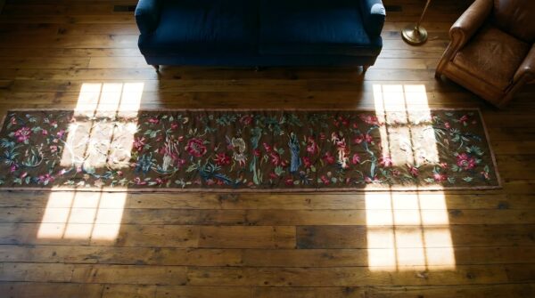 Antique chinese floral hallway runner rug 2 Antique chinese floral hallway runner rug (sku 24713) - styled overhead view