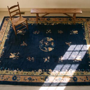 Antique Chinese Floral, Medallion Blue 1920s Rug (SKU 25115) - styled overhead view