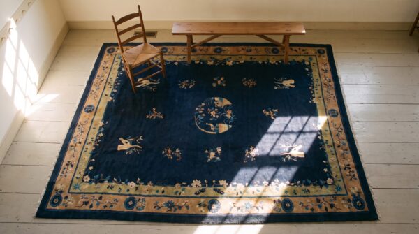 Antique chinese floral, medallion blue 1920s rug (sku 25115) - styled overhead view