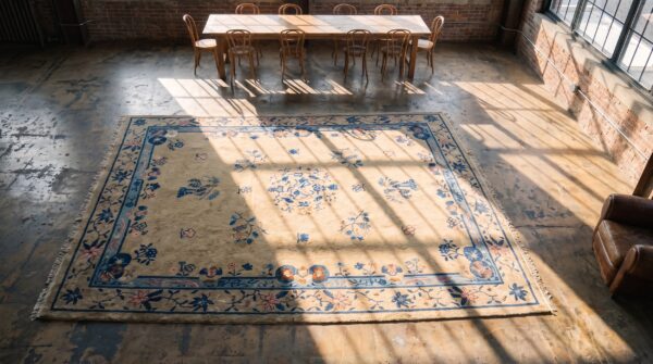 Antique chinese floral medallion design room size peking rug 2 Antique chinese floral medallion design room size peking rug (sku 22501) - styled overhead view