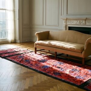 Antique Chinese Floral Red Square 1890s Textile Art Rug (SKU 23839) - room view