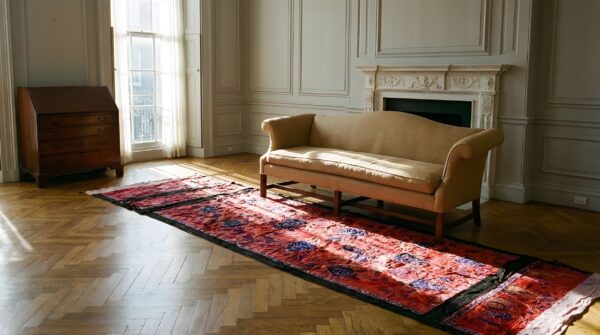 Antique chinese floral red square 1890s textile art rug 8 Antique chinese floral red square 1890s textile art rug (sku 23839) - room view