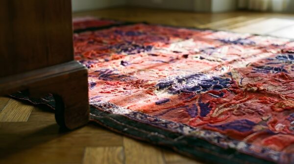 Antique chinese floral red square 1890s textile art rug 9 Antique chinese floral red square 1890s textile art rug (sku 23839) - in-room detail