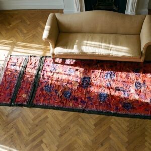 Antique Chinese Floral Red Square 1890s Textile Art Rug (SKU 23839) - styled overhead view