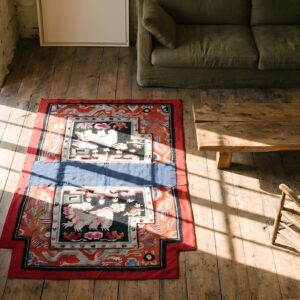 Antique Chinese Foo Dog Design Red Saddle Horse Cover Rug (SKU 22022) - styled overhead view