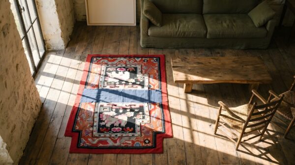 Antique chinese foo dog design red saddle horse cover rug 2 Antique chinese foo dog design red saddle horse cover rug (sku 22022) - styled overhead view