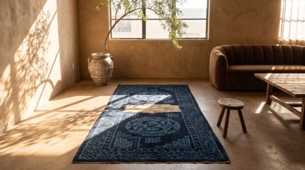 Antique chinese geometric medallion wool hand knotted pile blue 1930s rug 7 Antique chinese geometric medallion wool hand knotted pile blue 1930s rug (sku 22039) - room view