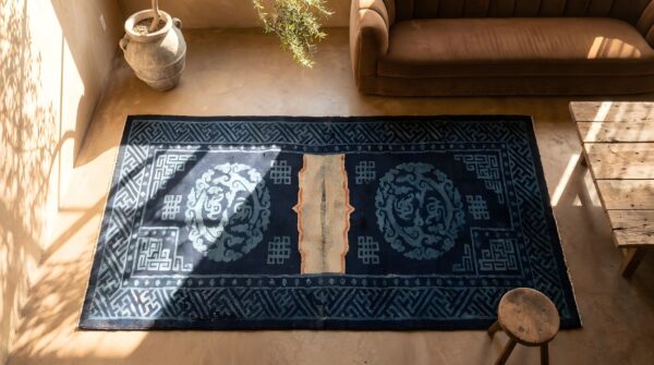 Antique chinese geometric medallion wool hand knotted pile blue 1930s rug 2 Antique chinese geometric medallion wool hand knotted pile blue 1930s rug (sku 22039) - styled overhead view