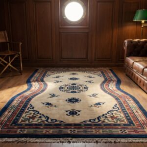Antique Chinese Geometric Medallion Wool Hand Knotted Pile Ivory Beige Cream White 1930s Rug (SKU 22037) - room view