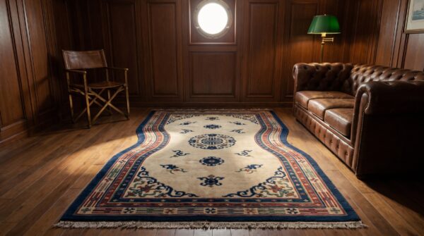 Antique chinese geometric medallion wool hand knotted pile ivory beige cream white 1930s rug 6 Antique chinese geometric medallion wool hand knotted pile ivory beige cream white 1930s rug (sku 22037) - room view