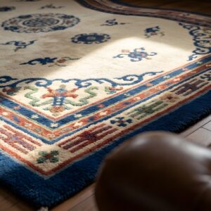 Antique Chinese Geometric Medallion Wool Hand Knotted Pile Ivory Beige Cream White 1930s Rug (SKU 22037) - in-room detail