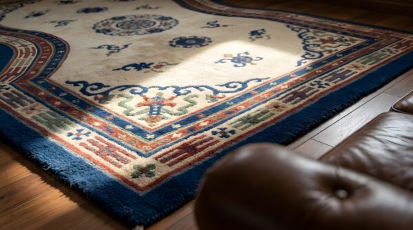 Antique chinese geometric medallion wool hand knotted pile ivory beige cream white 1930s rug 7 Antique chinese geometric medallion wool hand knotted pile ivory beige cream white 1930s rug (sku 22037) - in-room detail