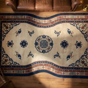 Antique Chinese Geometric Medallion Wool Hand Knotted Pile Ivory Beige Cream White 1930s Rug (SKU 22037) - styled overhead view
