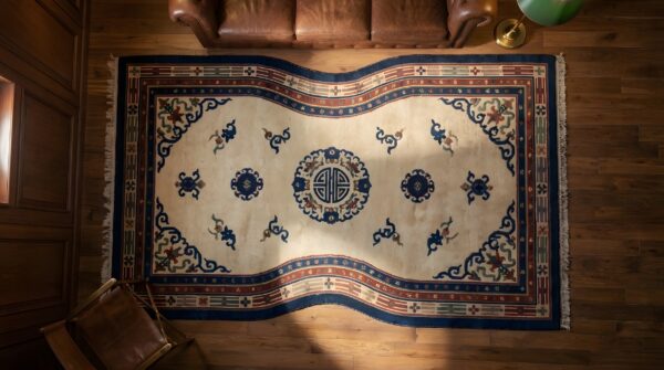 Antique chinese geometric medallion wool hand knotted pile ivory beige cream white 1930s rug 2 Antique chinese geometric medallion wool hand knotted pile ivory beige cream white 1930s rug (sku 22037) - styled overhead view