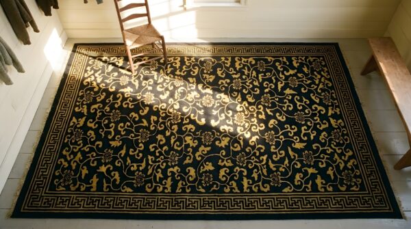 Chinese hallway runner antique wool 1920s rectangle - peking knotted blue rug 2 Chinese hallway runner antique wool 1920s rectangle - peking knotted blue rug (sku 23508) - styled overhead view